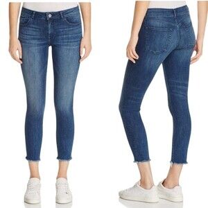DL1961 Florence Instasculpt Cropped Stranded Raw Hem Denim Blue Jeans SIZE 25